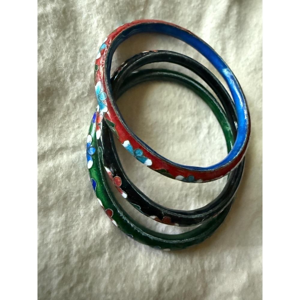 VTG Cloisonne Bangle Bracelets 3 Red Blue Green Boho Stack Enamel Bracelets